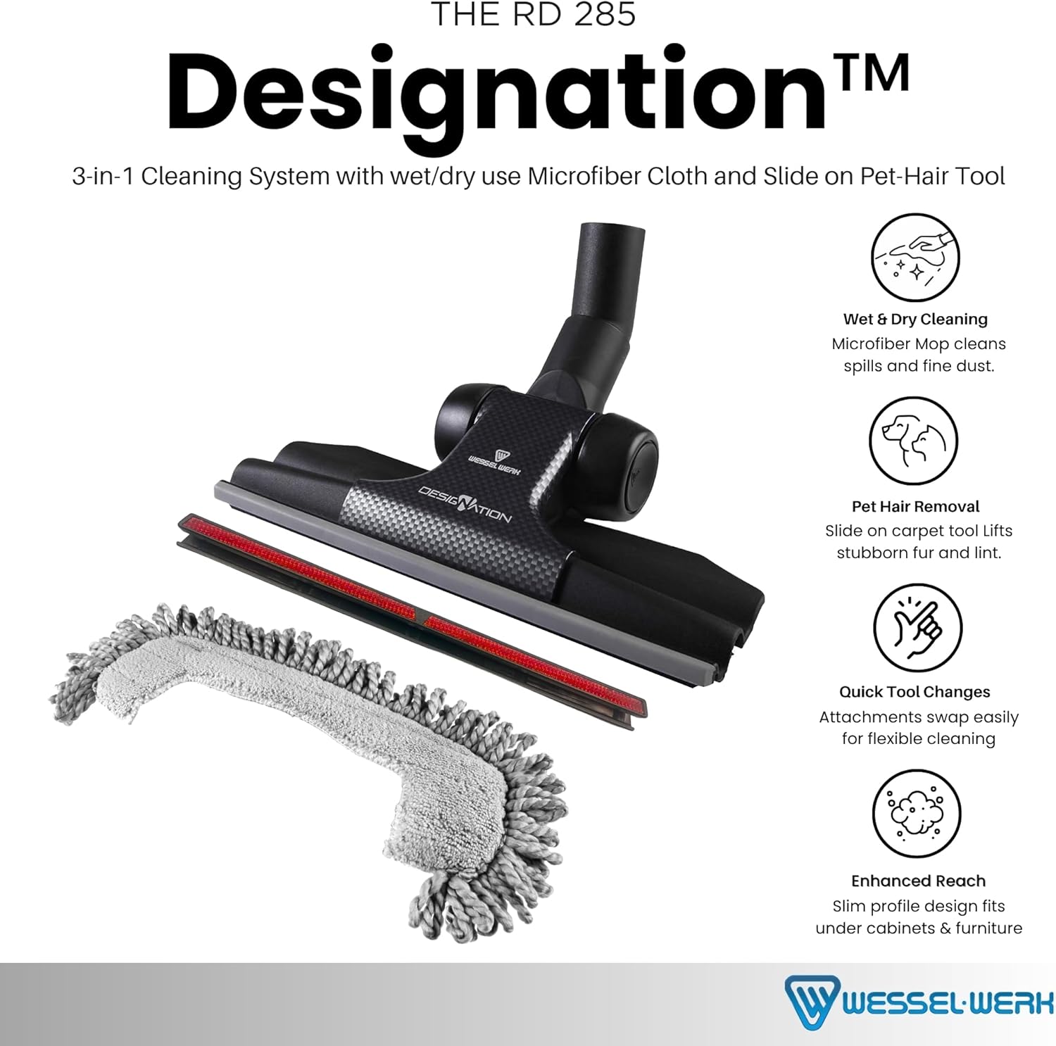 Wessel-Werk RD 285 Designation™ 3-in-1 Vacuum Floor Brush Attachment Set — Ultra-Thin Nozzle with Microfiber Wet/Dry Mop & Pet Hair Carpet Tool (Designation™ 3-in-1 Set)