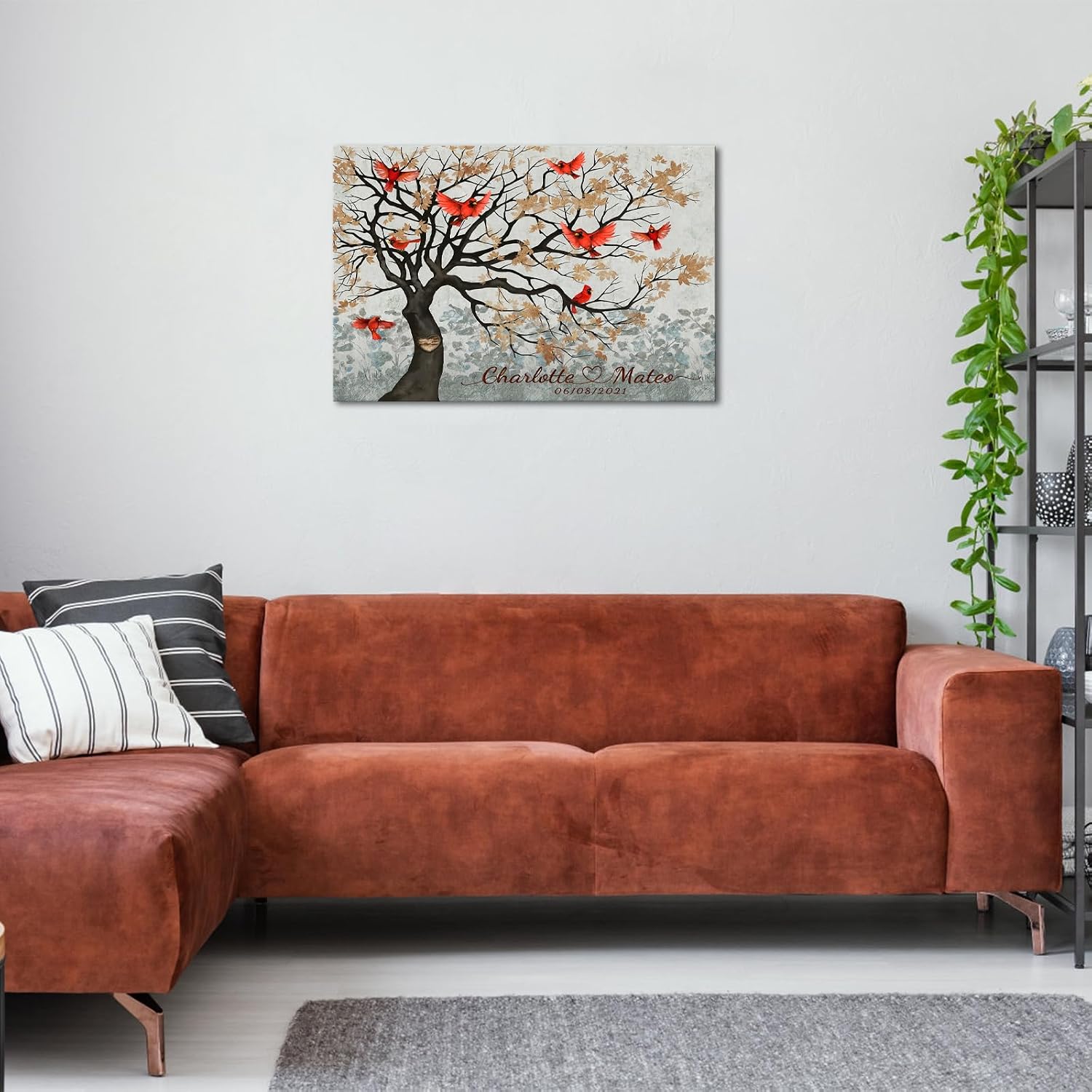iLOOKLiKE Personalized Couple'S Names and Date Wall Art Decor Red Cardinals Birds on Heart Shape Family Tree of Life Canvas Prints Custom Poster Framed Love Gifts for Home Anniversary Wedding