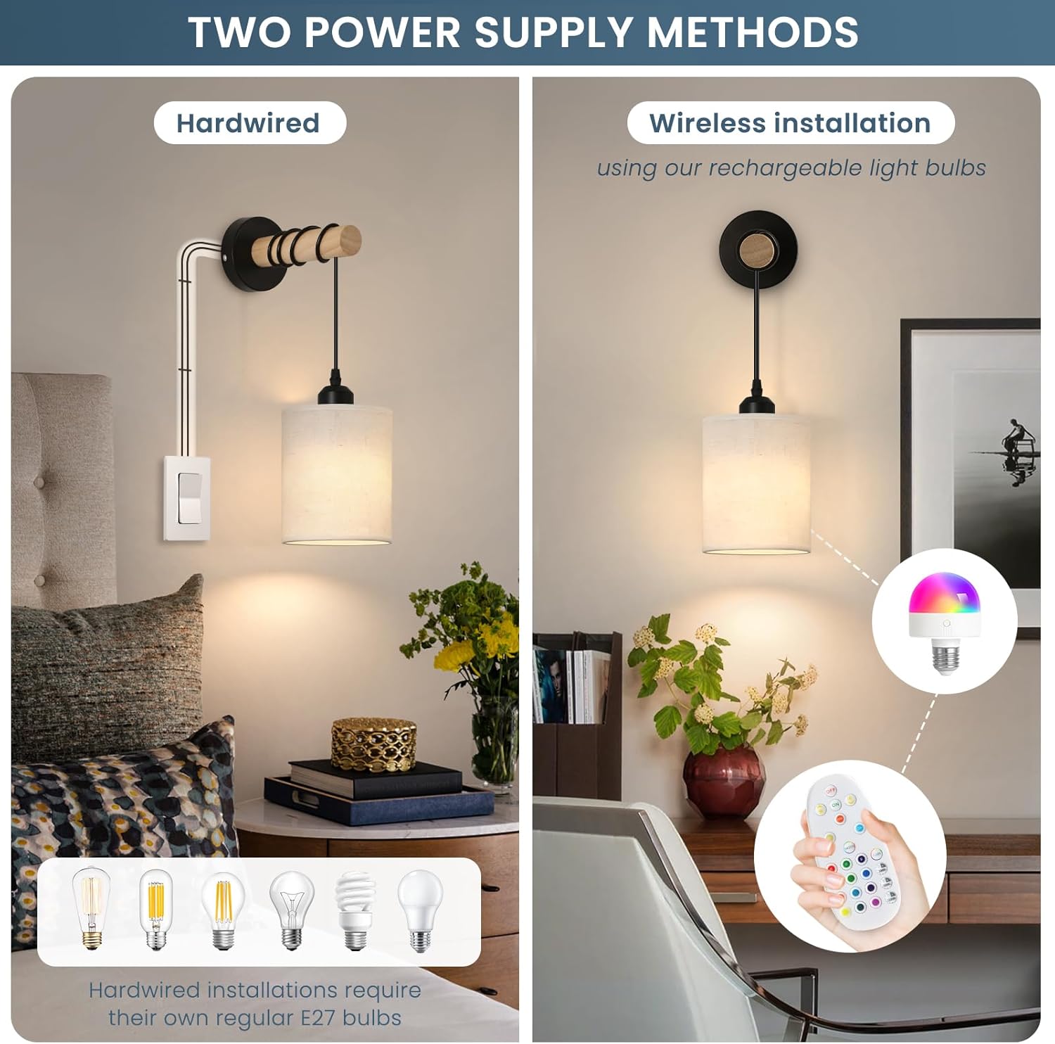 Battery Operated Wall Sconces Set of 2,Rechargeable Wireless Wall Lights with RGB & Dimmable Remote, No Wiring Renter Friendly, Modern Wood & Linen Wall Lamps for Bedroom Bedside Living Room.