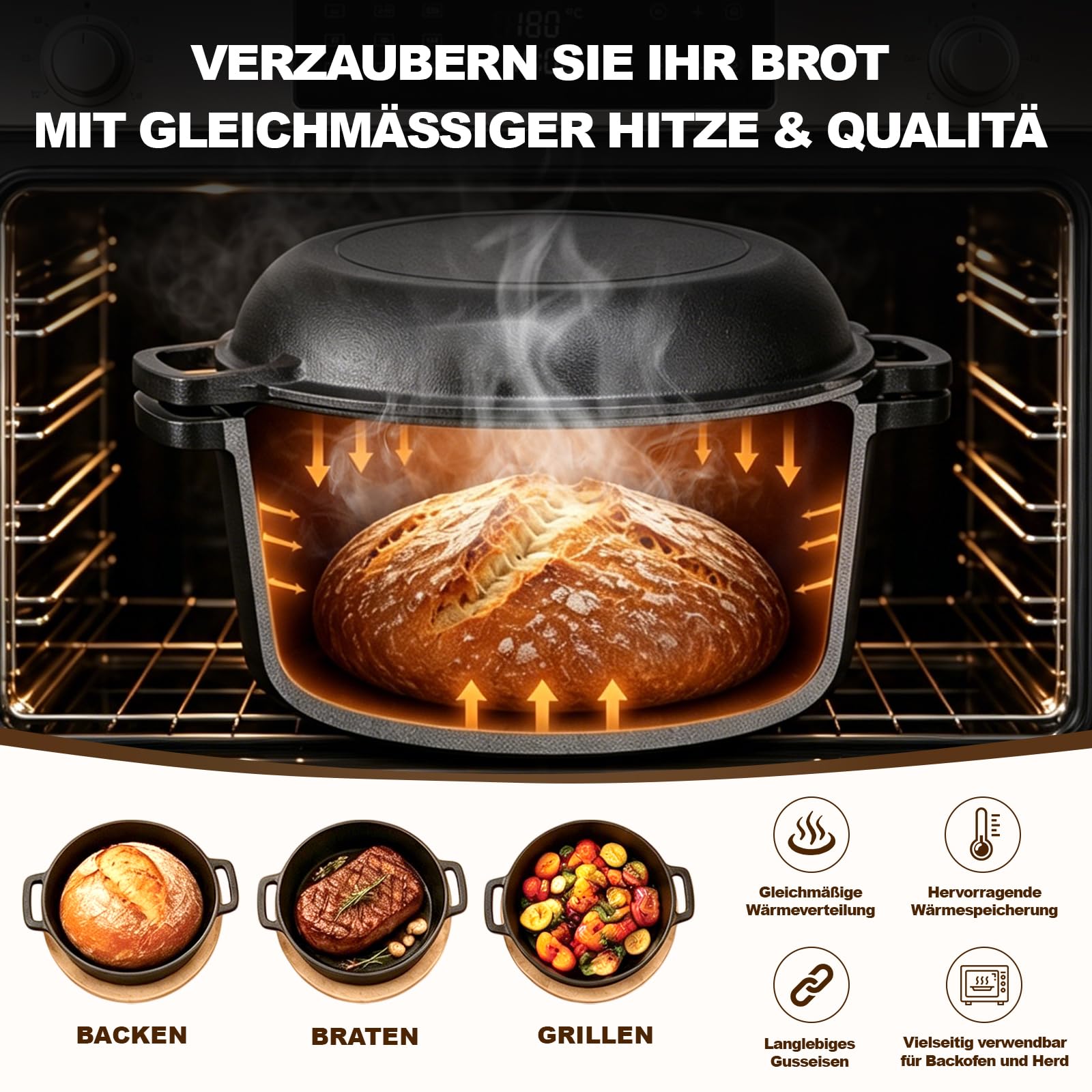 Gusseisen Topf Brot Backen 26cm mit Sauerteig Starter Set | Brotbackset Sauerteig inkl. Gärkörbchen aus Rattan(25cm rund), Gärglas & Zubehör – Brotbackform mit Deckel(Dutch Oven)