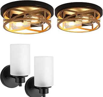 2 Pack 11 Inch Metal Cage Cross Wood Finish Modern Ceiling Lights and 2-Pack Farmhouse Black Wall Sconces