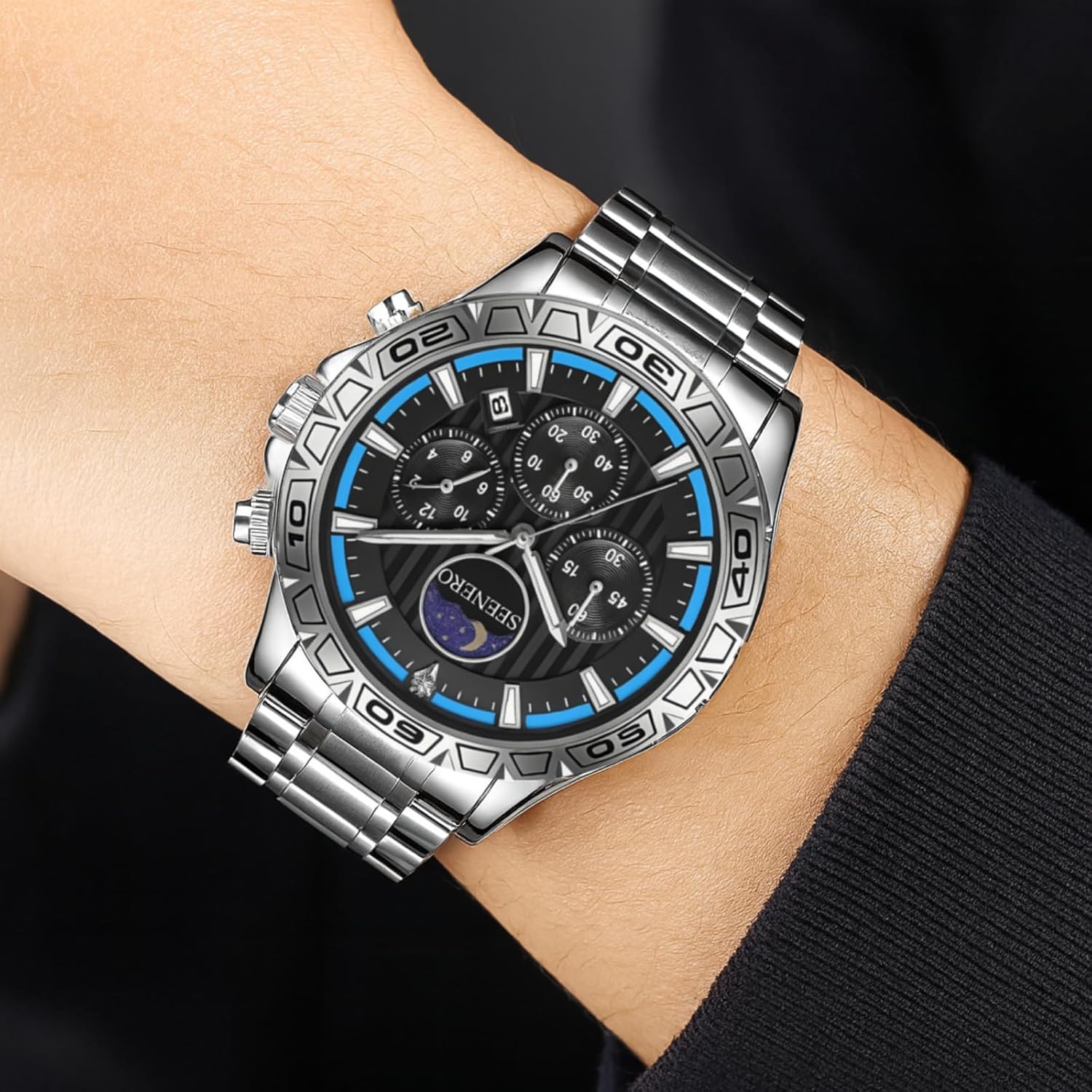 Watches for Men Luxury Stainless Steel Quartz Sports Fashion Dress Chronograph 3ATM Waterproof Watch with Moonphase Luminous Dial Perfect Mens Gifts Available in Black/Blue Or Silver/Blue - Image 2