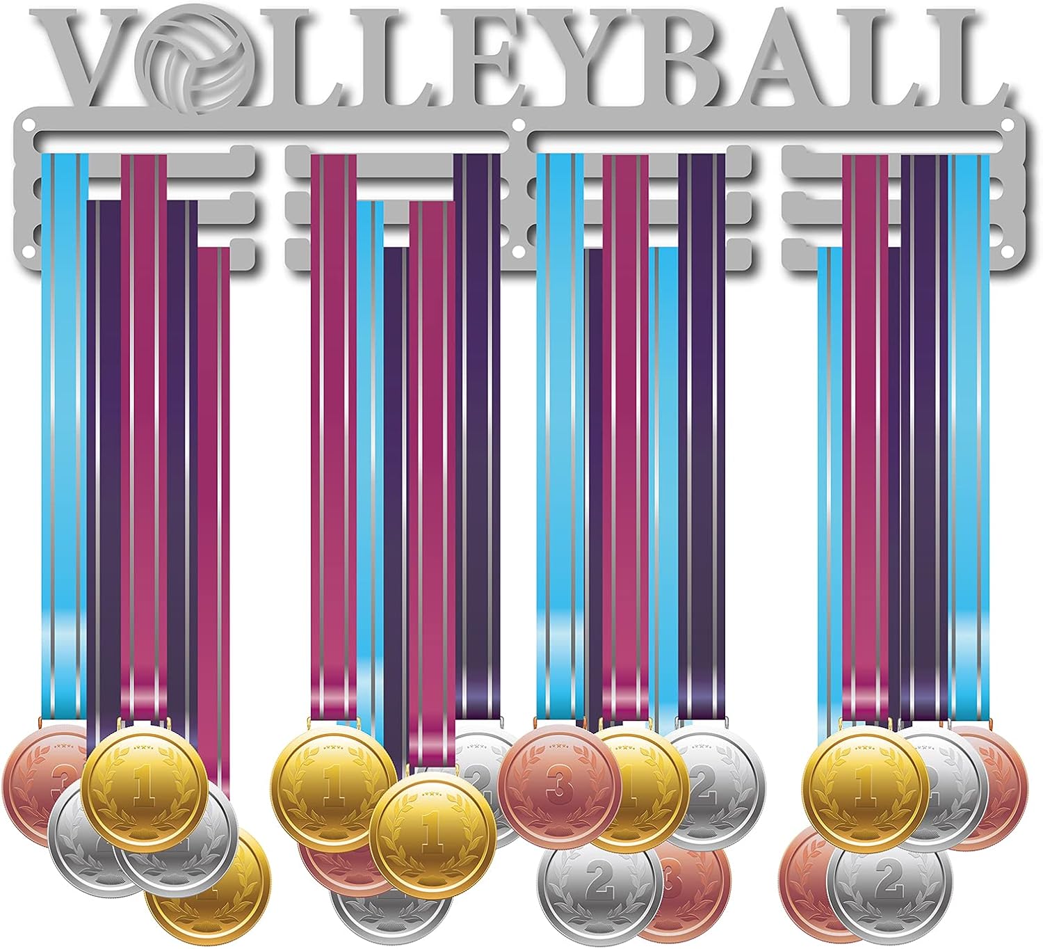 CREATCABIN Medal Holder Sport Volleyball Words Awards Display Stand Wall Rack Mount Hanger Decor for Champions Home Badge 3 Rung Medalist Running Gymnastics Over 60 Medals Games 15.7x4.2inch