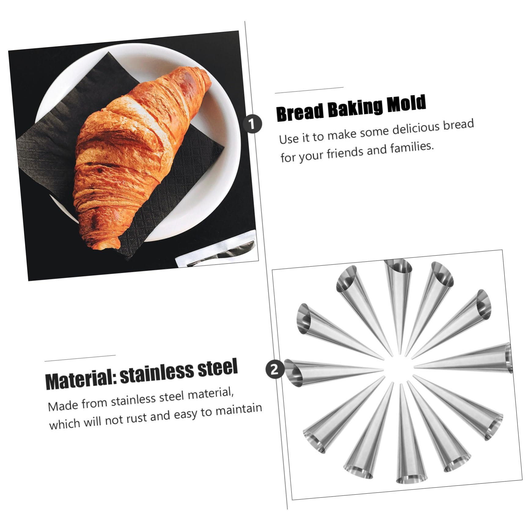 ABOOFAN 12pcs Stainless Steel Croissant Mold for Baking Cones Ice Horn Mold for Making Croissants and Desserts Non-stick Design