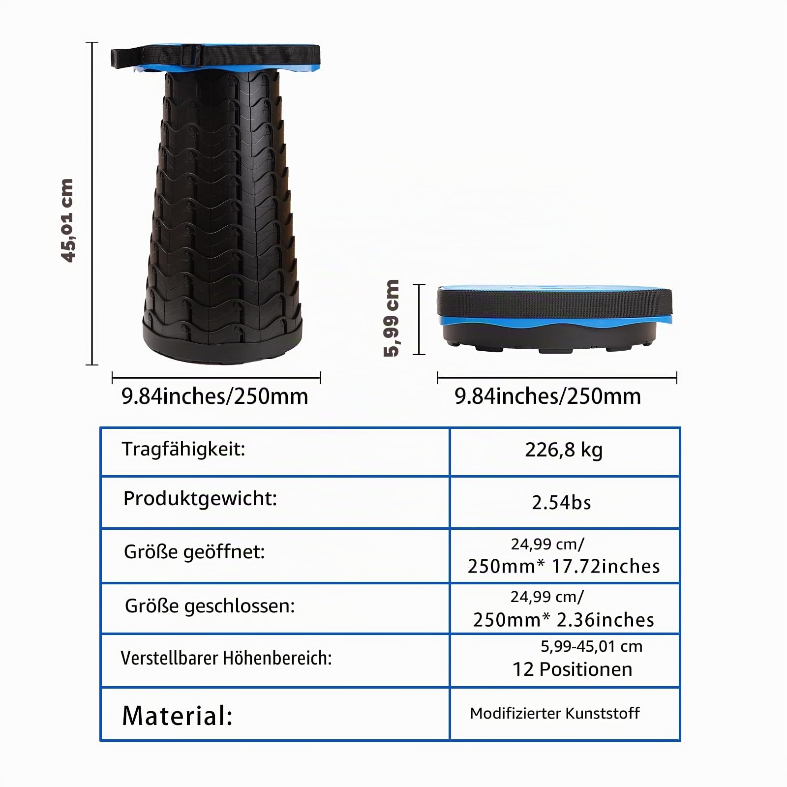 Tragbarer Klapphocker, Teleskophocker Faltbar Campinghocker für Outdoor Camping Angeln BBQ Drinnen Küche, Belastung 220kg