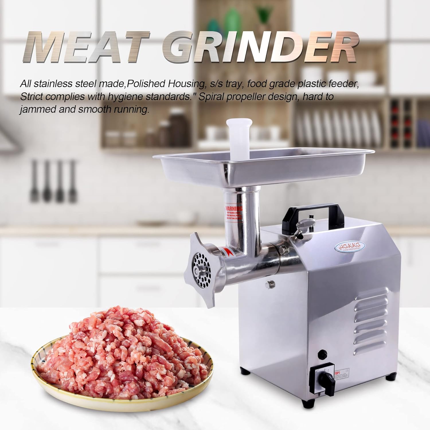 Hakka Electric Meat Grinders for Sausage Making Commercial 550W Heavy Duty Stainless Steel Meat Mincer 80kg/h with Nozzles Attachment (TC8)