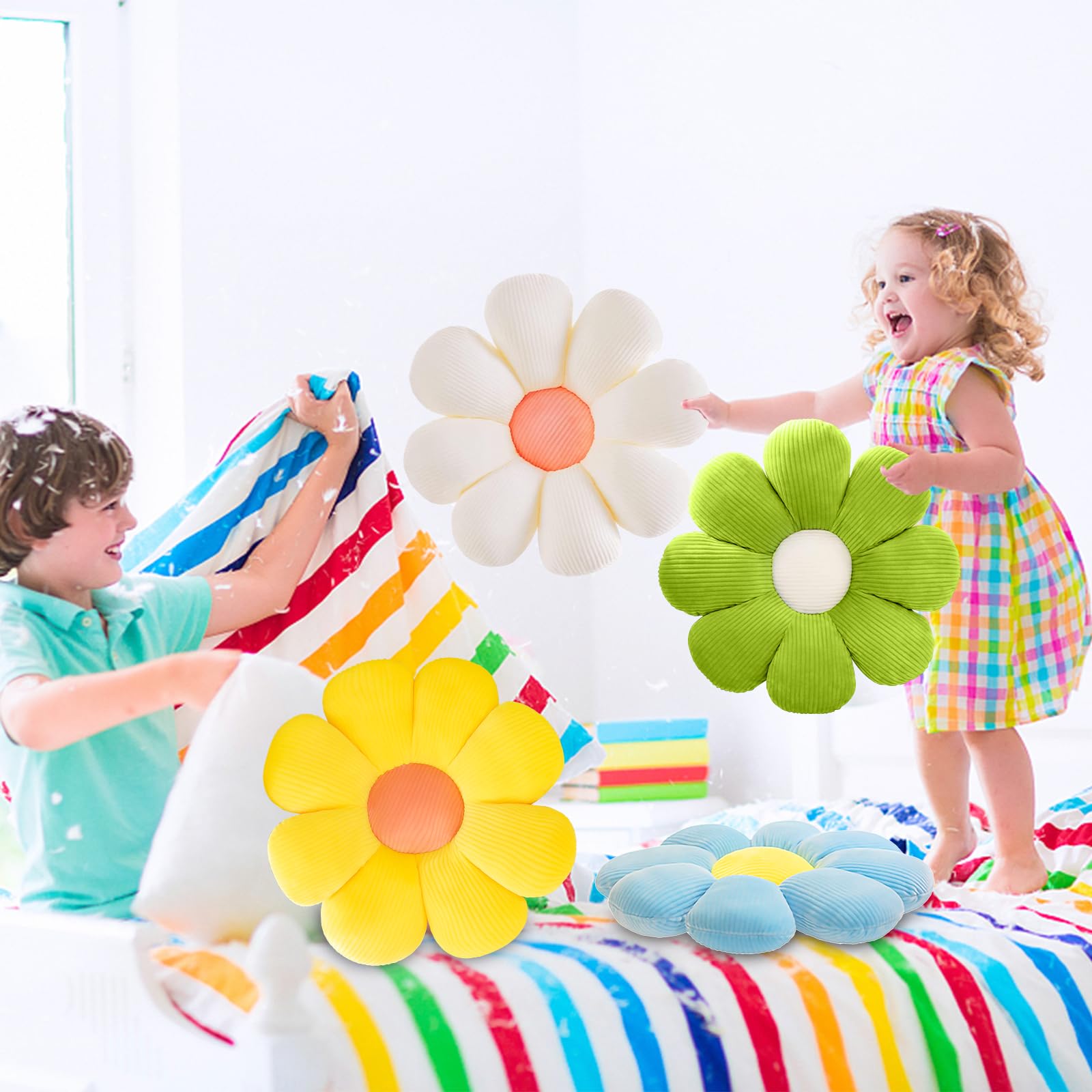 4 cuscini a forma di fiore per pavimento, graziosi cuscini da seduta per letto, cuscini decorativi a forma di fiore, per auto, casa, divano, sedia e pavimento (blu, bianco, giallo, verde)