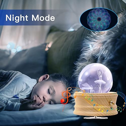 Miniatura 5 de Caja de música, caja de música con bola de cristal 3D con proyección de luz RGB, base de madera giratoria de 360, luz nocturna, el mejor regalo para