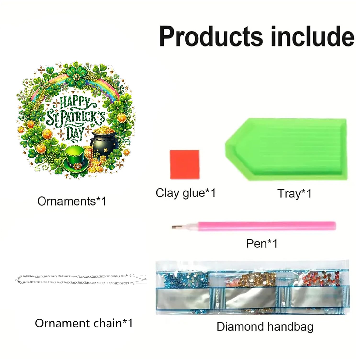 2Pcs DIY Diamond Art Painting Pendant Ornament St. Patrick's Day Four-Leaf Clover Wreath Hanging Double Sided Pattern Single Sided Dot Drill for Home Garden Wall Door Decor-Wreath