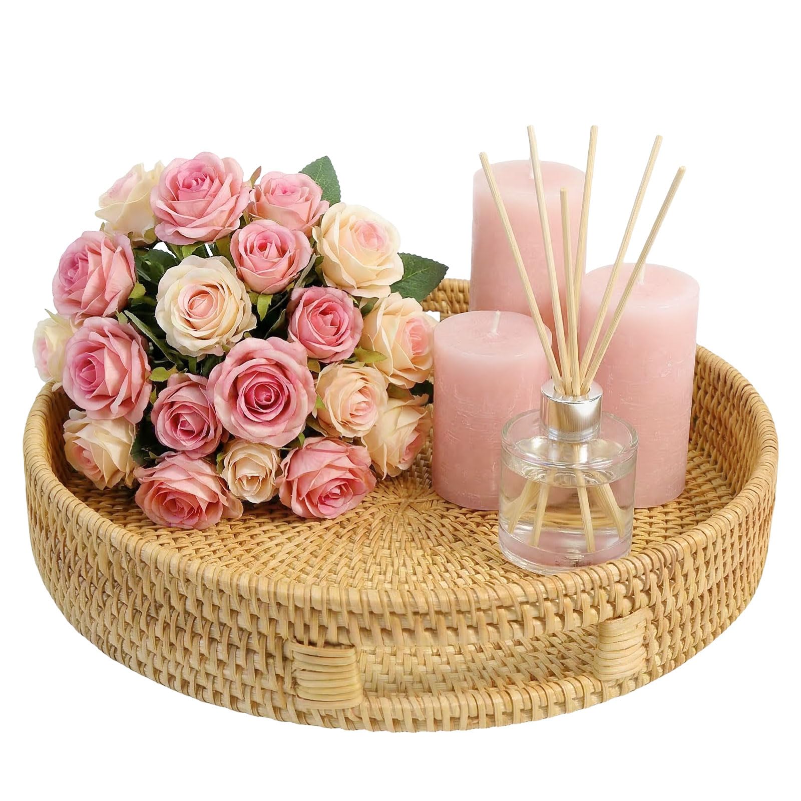 Round Rattan Tray, Hand Woven Serving Basket with Handles, 35cm Natural-Rattan Serving Tray for Home Decor, Woven Serving Trays for Coffee Table Basket for Bread Fruit Candles