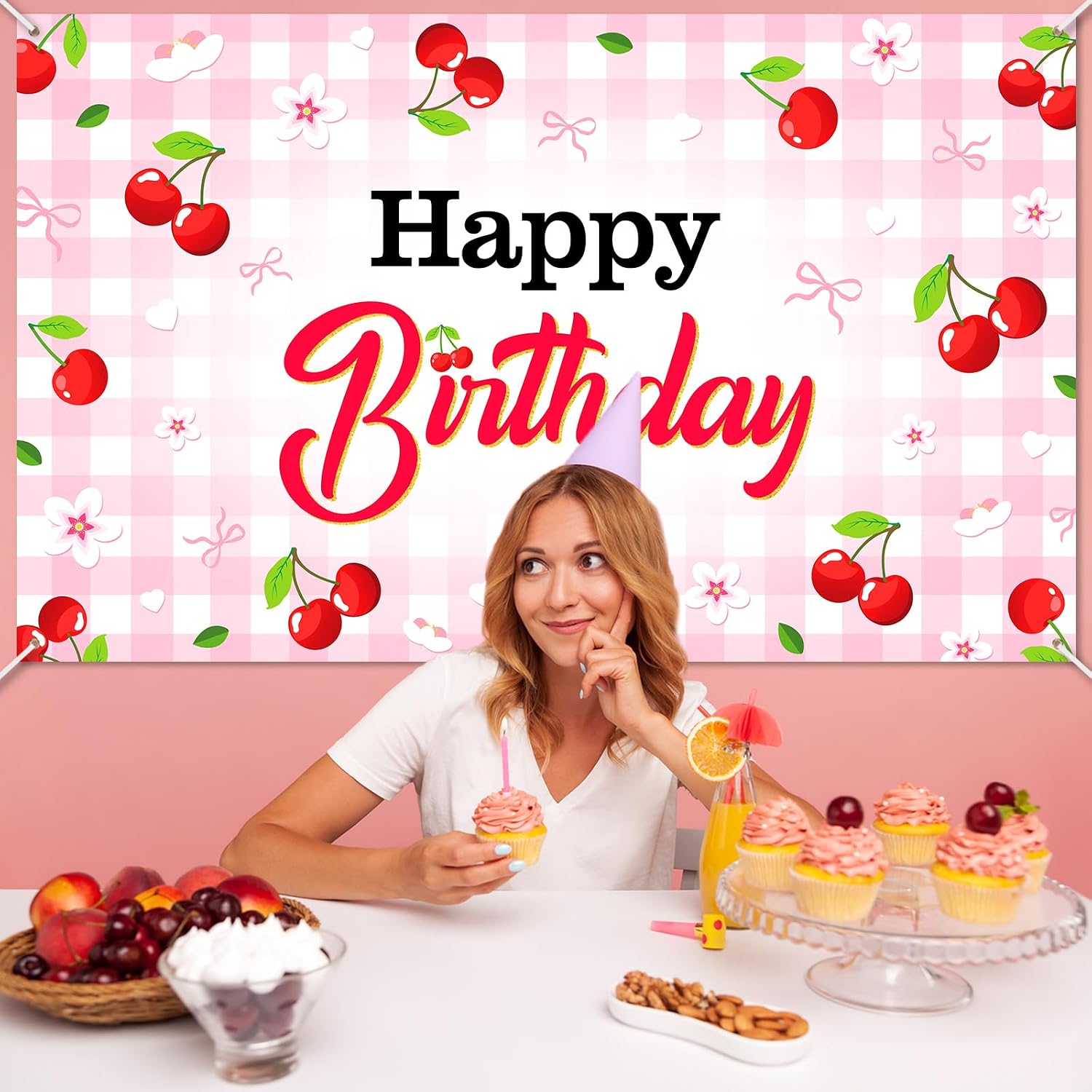 Avezano Cherry Birthday Banner 6x3.6 ft Cherry Bow Birthday Decorations for Gilrs Women Red Pink Party Decorations