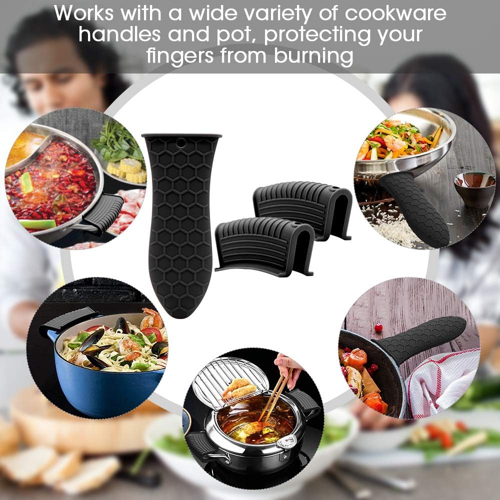 AHIW Silicone Hot Handle Holder Cover Set Assist Pan Handle Sleeve Pot Holders Cast Iron Skillets Handles Grip Covers Non-Slip Heat Resistant for Griddles Metal Frying Pans Aluminum Cookware (Black-M): Home & Kitchen