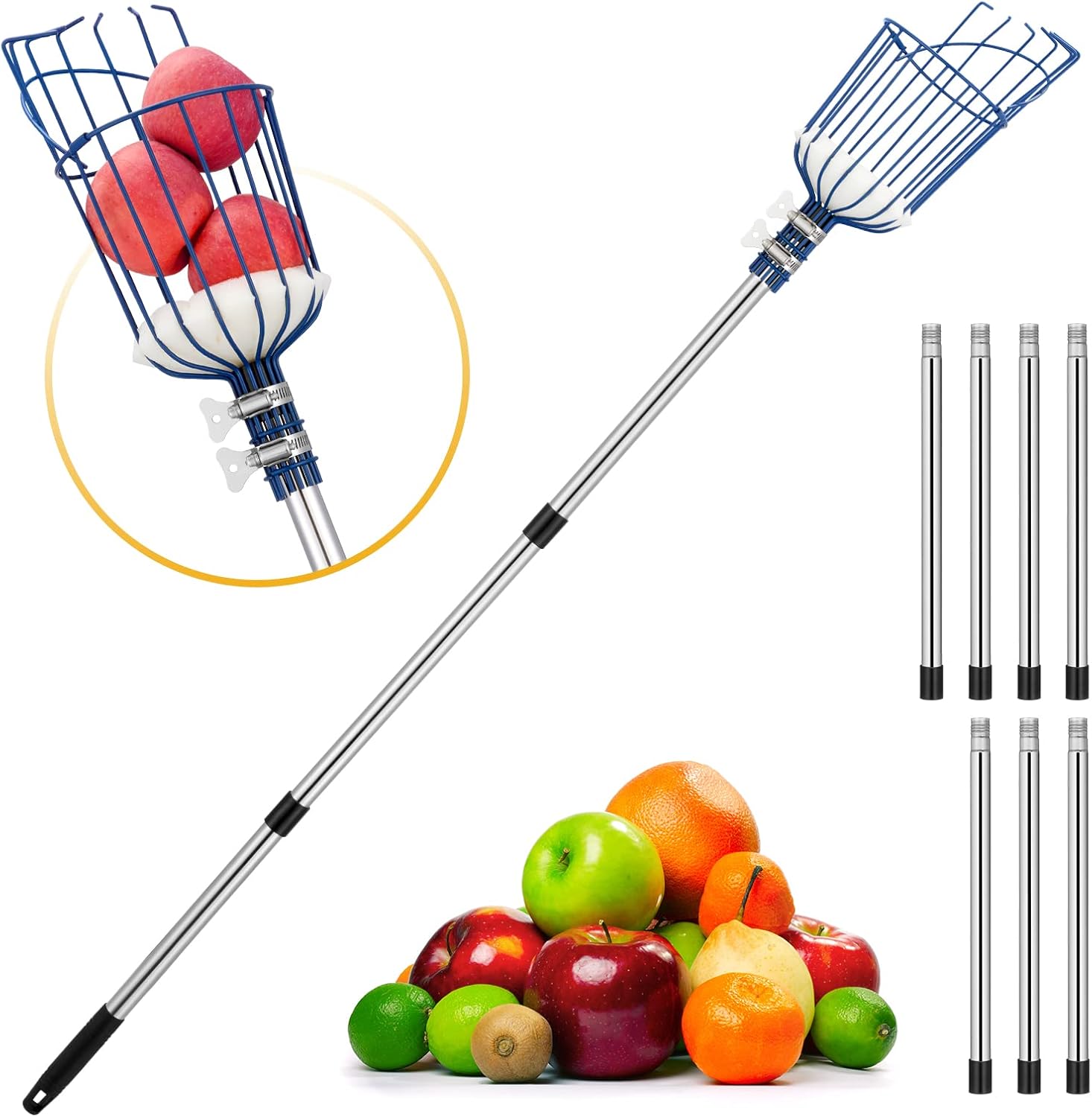 Oak Leaf Fruit Picker, 13 FT Picker Pole with Basket, Length Adjustable Apple Orange Picker Tool Tree Fruit Catcher with Lightweight Stainless Steel Connecting Pole, Foam Pad, 2 Metal Clamp(Upgraded)