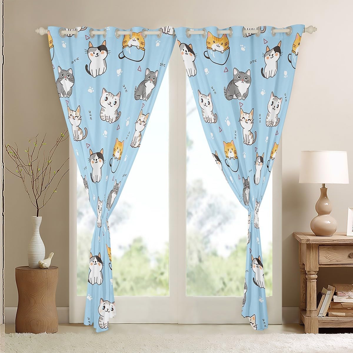 Erosebridal Lovely Animal Curtains Kids Cat Blackout Curtains for Kids, Cute Kawaii Curtains & Drapes Pastel Blue Bedroom Curtains, Kitten Pet Window Treatments Cartoon Animal Themed Room Decorative