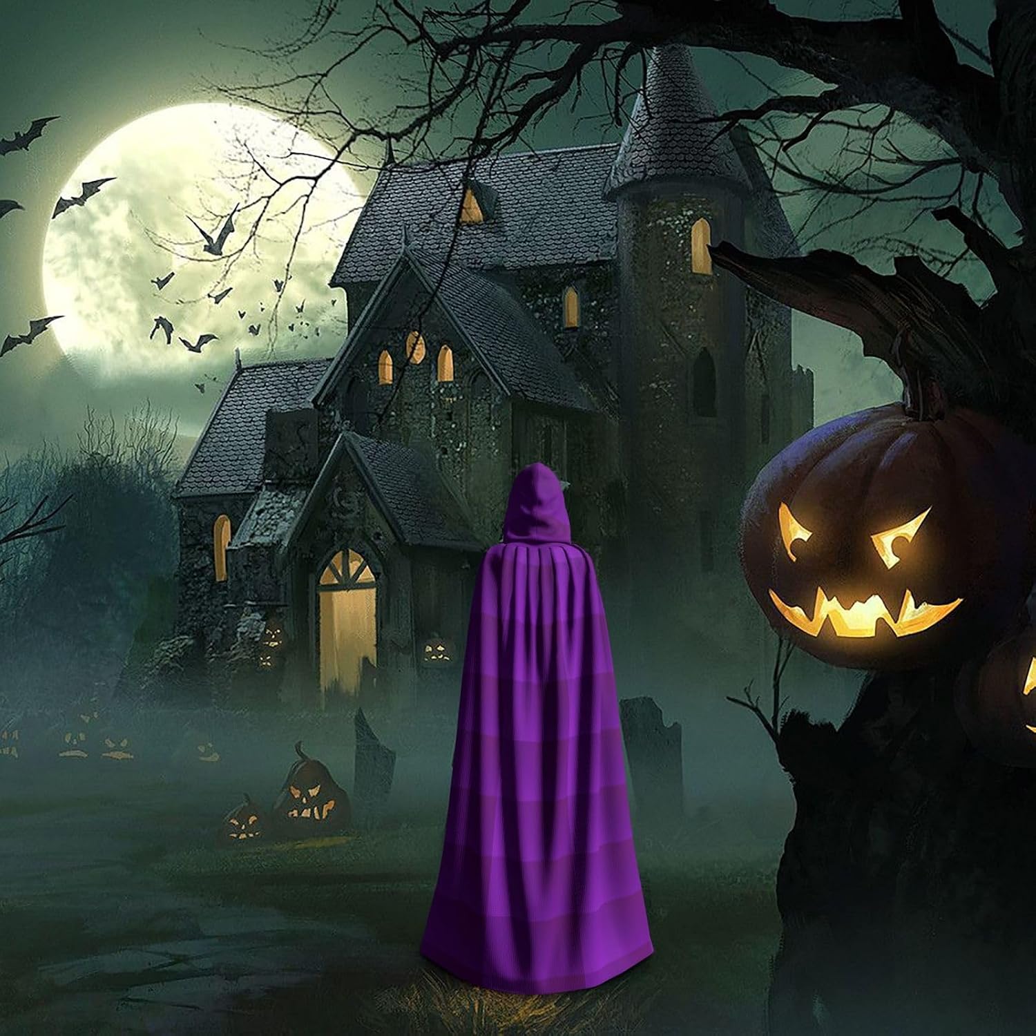 Solid Color Dark Purple Men Women Halloween Role Play Party Decoration Hooded Poncho