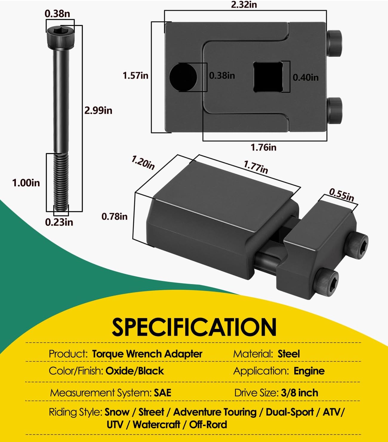 08-0380 Adjustable Torque Wrench Adapter - Converts Combination & Hex Wrenches to Precise Torque Tool (3/8" Drive, 6-19mm, 1/4"-3/4")