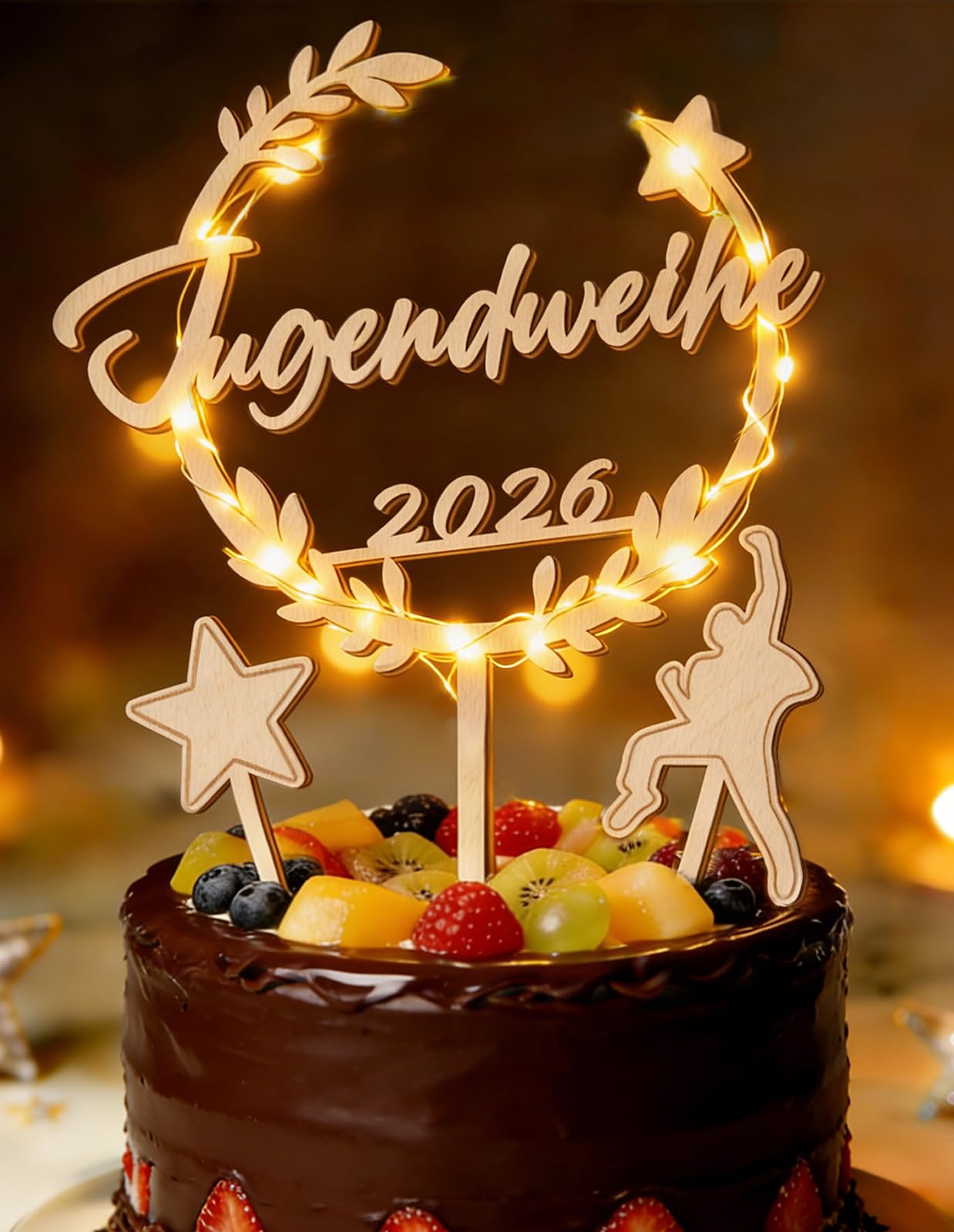 Jugendweihe 2026 Tortendeko Deko Holz mit LED, mit Stern und springender Jugend-Figur Cake Topper, Originelle Tortenaufleger Mädchen & Junge - Alles Gute zur JUGENDWEIHE