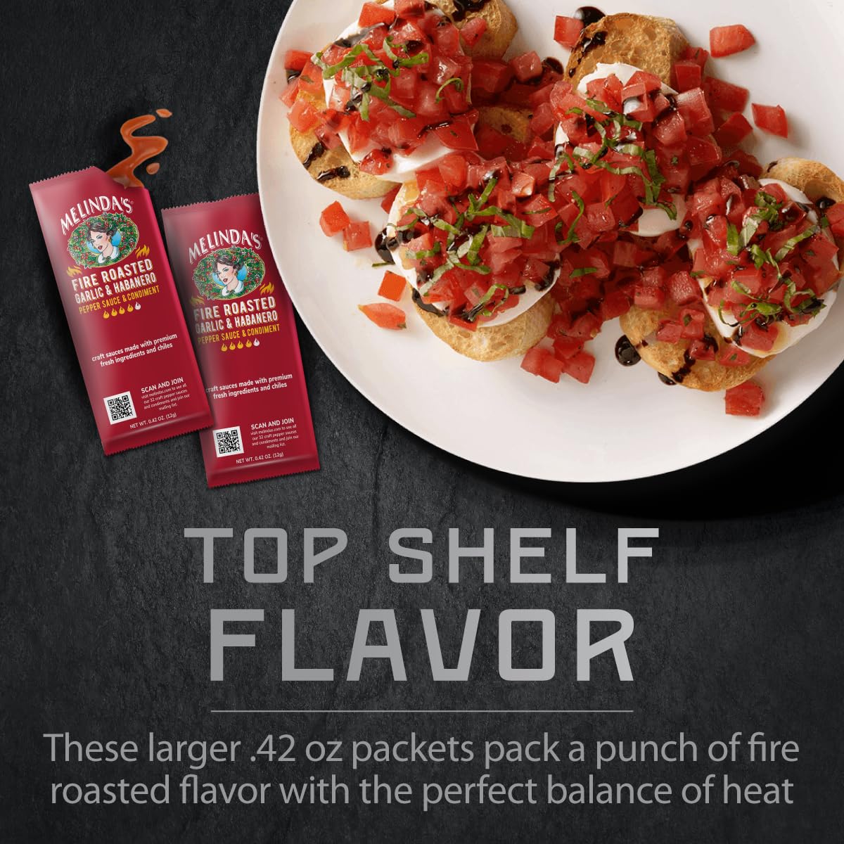 Melinda’s Fire Roasted Garlic & Habanero Hot Sauce Packets - 200 Count (.42 Oz Each) - Hot Sauce Packets Single Serve for Travel, Party, Business - Convenient Individual Condiment Packets in 8 Flavors
