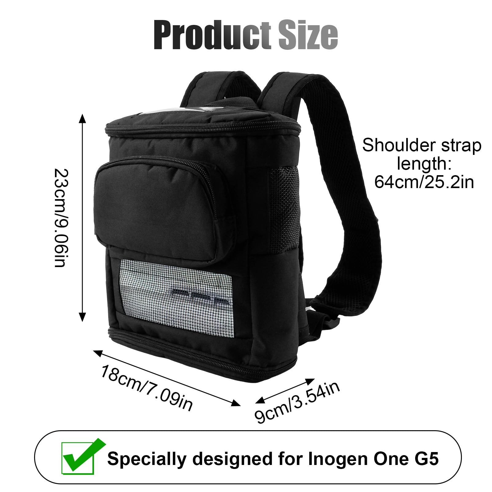 Zaini per dispositivi di ossigeno Inogen One G5 e Rove 6, zaino con cerniera sul fondo e coperchio trasparente, Nero, 8.38 x 18.29 x 23.37 cm