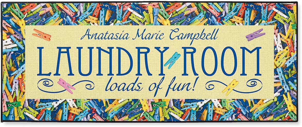 Lillian Vernon Personalized Clothespins Double-Width Laundry Room Doormat - Large Mat with Non Skid Rubber Back, Custom Washer Dryer Accessories, 57” x 23” Floor Mat