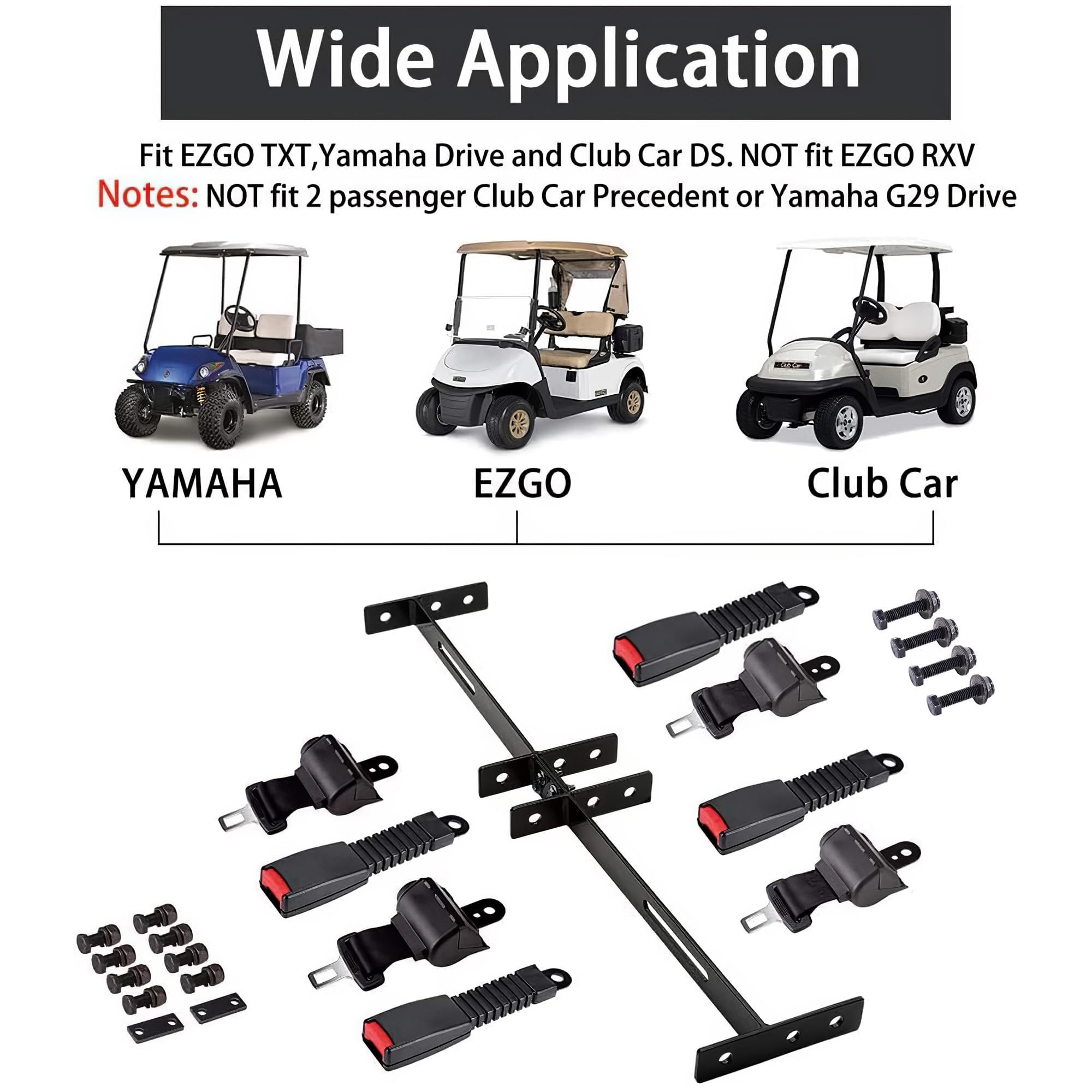 10L0L Universal Golf Cart Seat Belts, 42" Retractable Belts with Bracket Street-Legal Upgrades Fits (2+2) /(4+2) Passenger for Yamaha EZGO TXT RXV Club Car DS EV Star Most Golf Carts Front/Rear Seat
