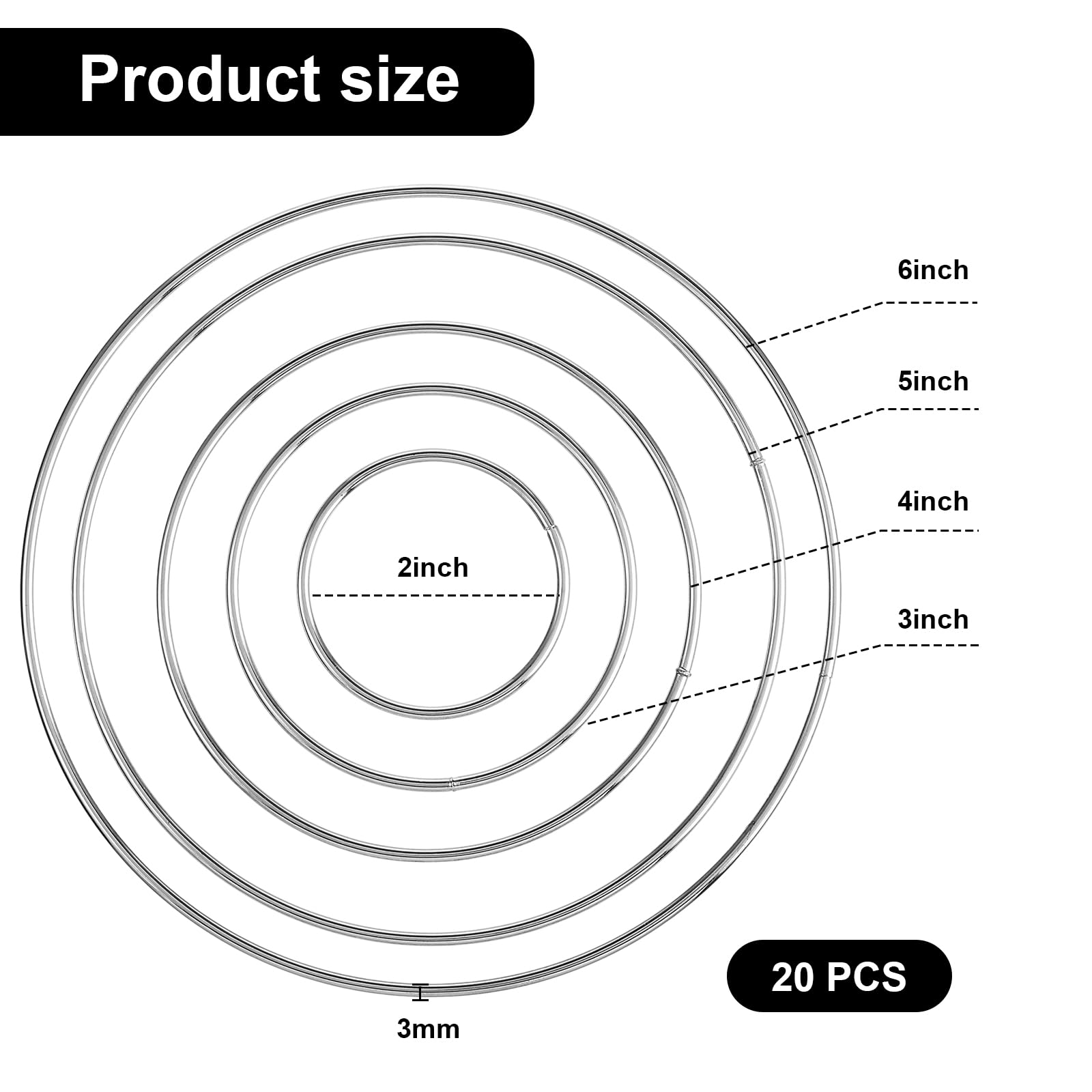 Patelai 20 Pcs Metal Rings for Crafts Dream Catcher Rings, Macrame Hoops for DIY, 5 Sizes Metal Floral Hoop for Floral Macrame Wall Hanging Dream Catcher and Crafts (Silver)