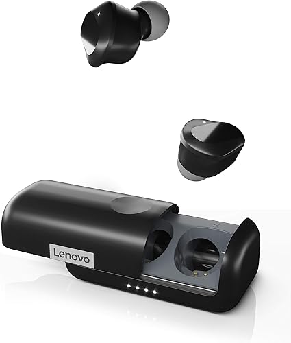 Lenovo True Wireless Earbuds Bluetooth 5.0 IPX5 Impermeable con carga rápida USB-C y micrófono integrado para trabajo/viaje/gimnasio (negro)