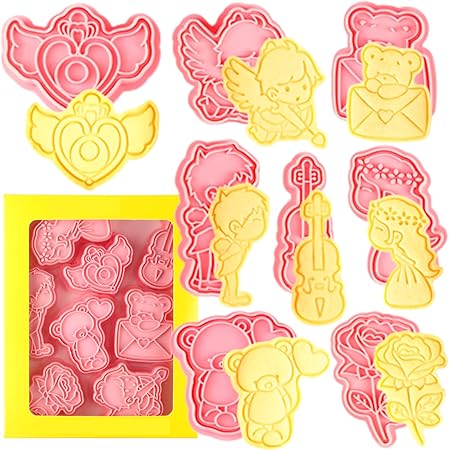 Crethinkaty Valentines Cookie Cutters-3D Plastic Couple Cookie Stamp Cookie Cutter Set-8Pieces Valentine's Day Fondant Cooking Tools.