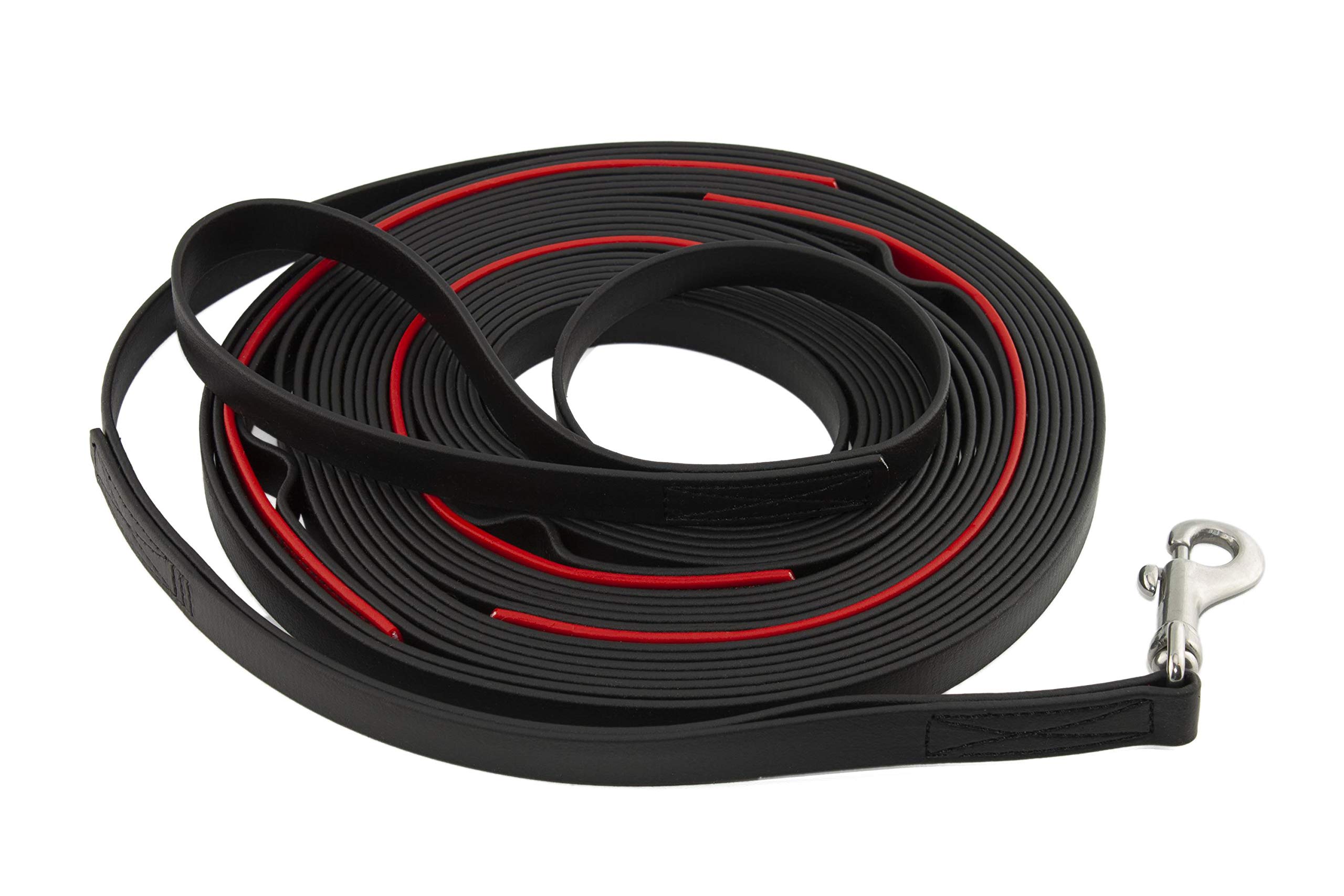 LENNIE BioThane Schleppleine mit Schlaufen für Hunde 10-25 kg, 13 mm, 10m, Schwarz mit Rot, genäht, Kurzführer, Handschlaufe
