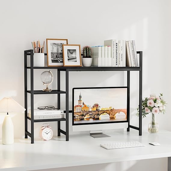 Snughome Desk Shelf, 38.6 Desk Hutch for Computer Monitor, Desktop Organizer Shelf, 4 Tier Desk Display Rack, Wood Desktop Bookshelf Storage Rack for Home Office Dorm, Black