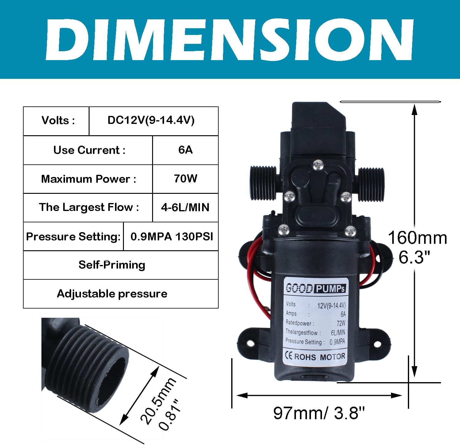 Sprayer Pump - 12v DC 70W 0.9MPA 130psi Home Booster Pump for Camping Boat with Power Adapter - 4-6 L/Min - Connect to 20.6mm/0.81inch Pipe