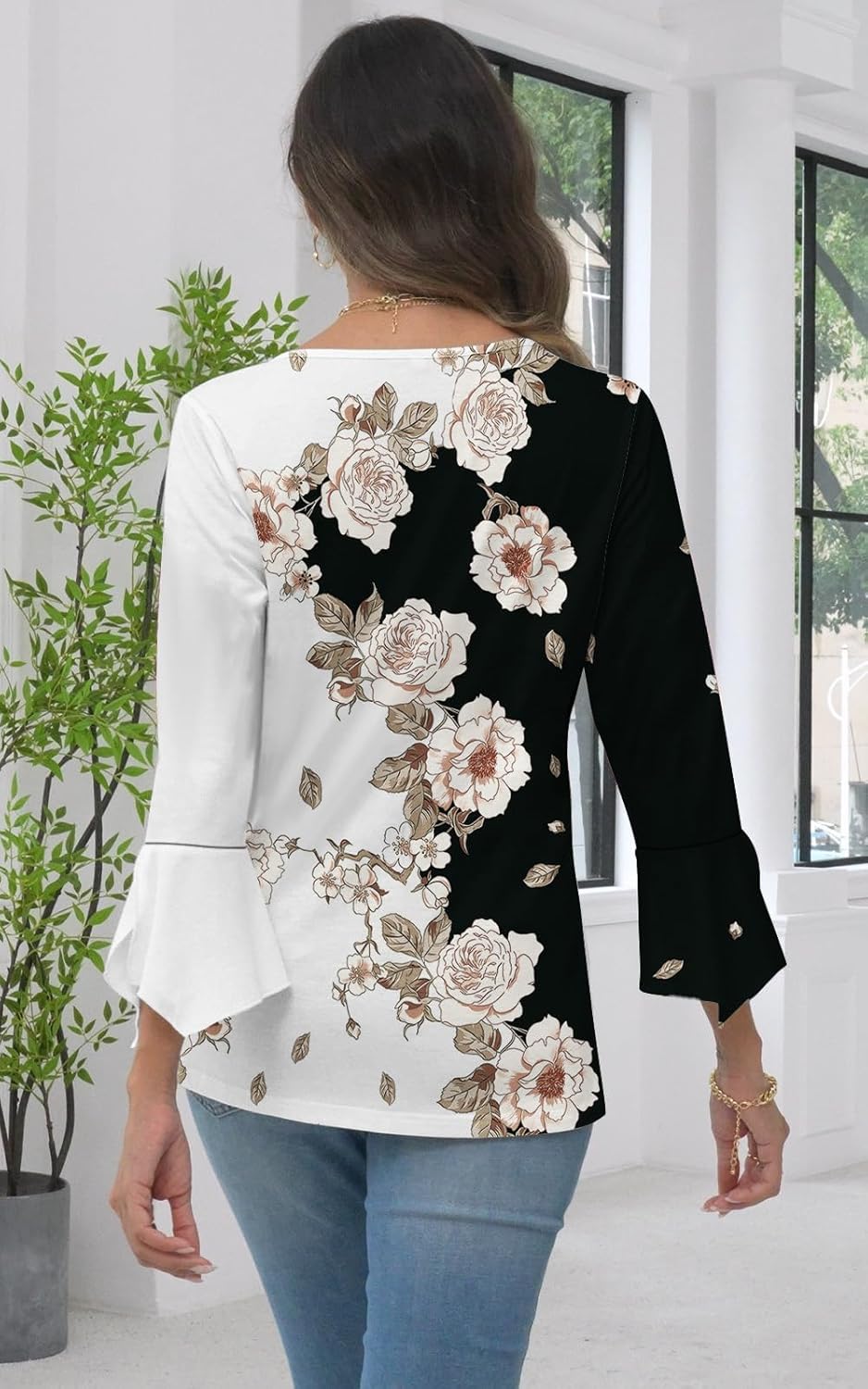 Womens Tops Dressy Casual Pleated Button Neck Summer Blouses 3/4 Flared Sleeve Fall Shirts - Image 5