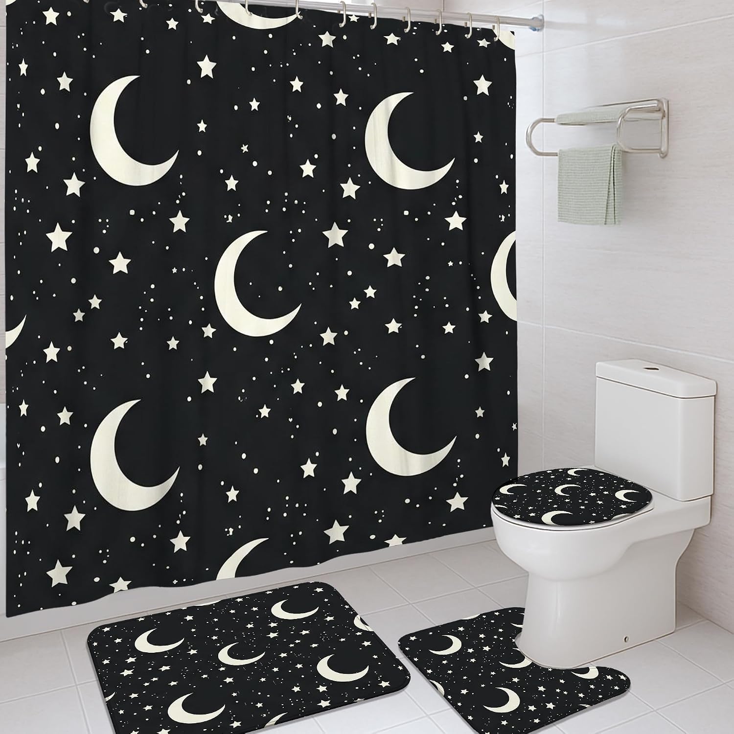 Moon Shower Curtain Sets, Modern Minimalistic Star Dot Night Black Polyester Waterproof Bathroom Set with Print Cloth Curtains and Rugs for Bathtub Toile Guest Room Decor 72x72 Inch
