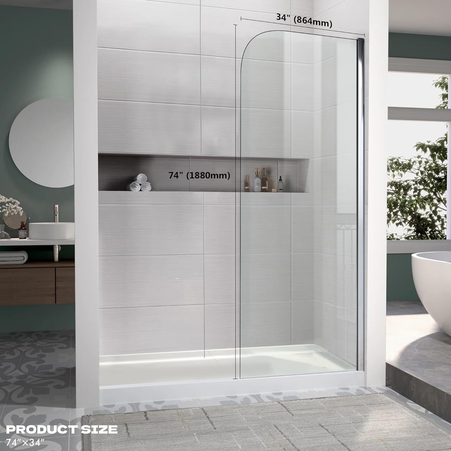 Shower Glass Panel 34" W x 74" H, Fixed Shower Screen with 5/16" (8mm) Clear Tempered Glass, Frameless Walk in Shower Door for Bathroom, 4/5" Adjustable Width, Chrome
