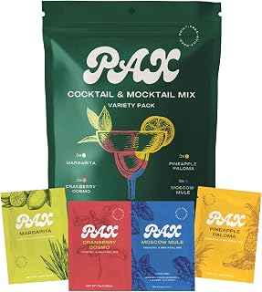 Pax Cocktail & Mocktail Mix – Variety Pack (Margarita, Moscow Mule, Cranberry Cosmo, Paloma) | Zero Sugar, Low Calorie, Natural Powdered Drink Mix | 12 Single-Serve Stick Packets