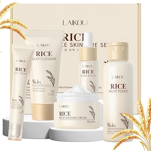 LAIKOU Skin Care Set, Korean Skin Care with Rice Cleanser, Toner, Serum, Eye Serum, Moisturizing Cream 5pcs for Women Teen Girls Mom Daughter Mother's Day Birthday Christmas Lover Korean Beauty
