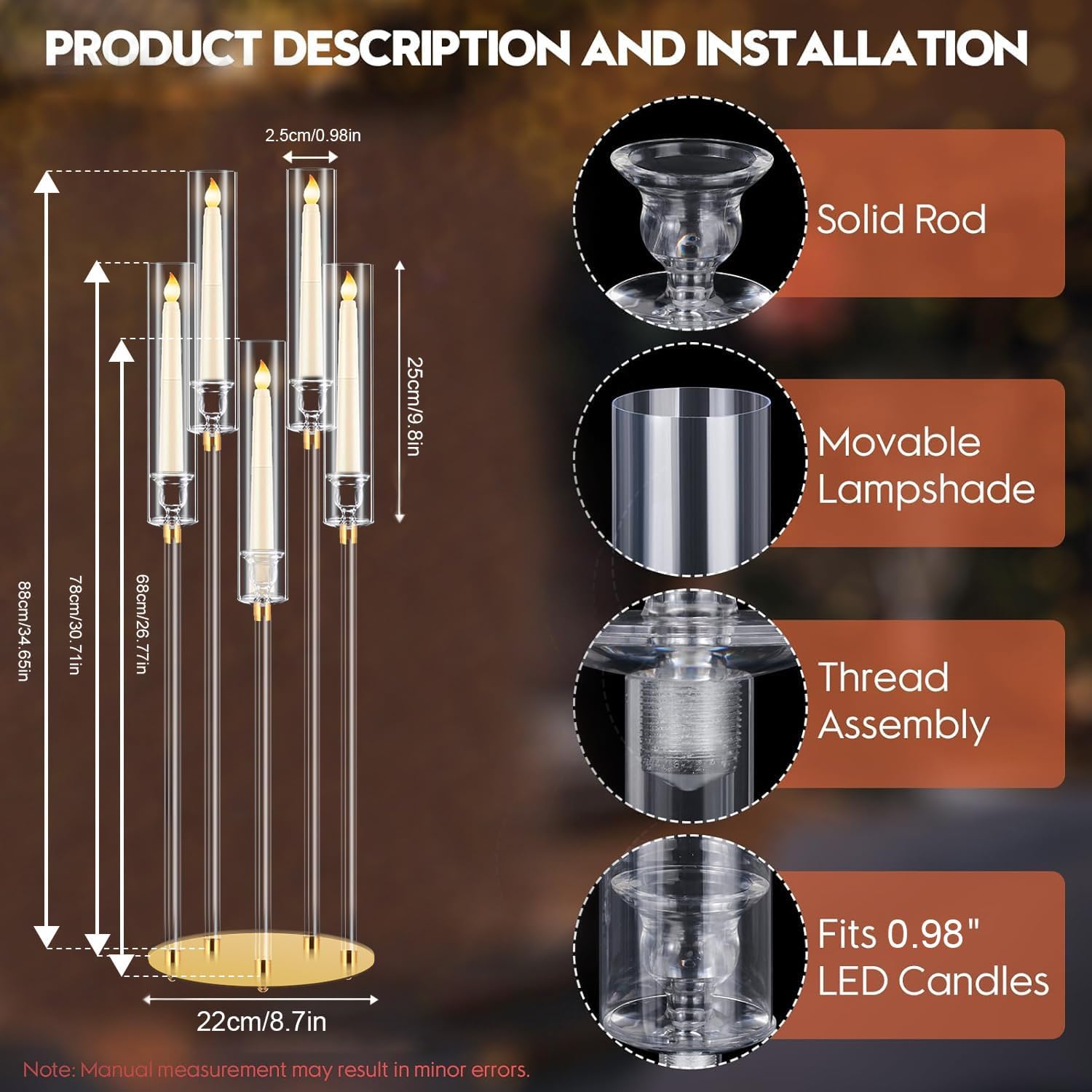 8 Sets Acrylic Candelabra Centerpieces, 5 Arm Floor Candelabra Stand 34.65" Tall Clear Candle Holders Pillar Taper Candlestick with Removable Lampshade, for Wedding Christmas Ceremony Dinner Partys