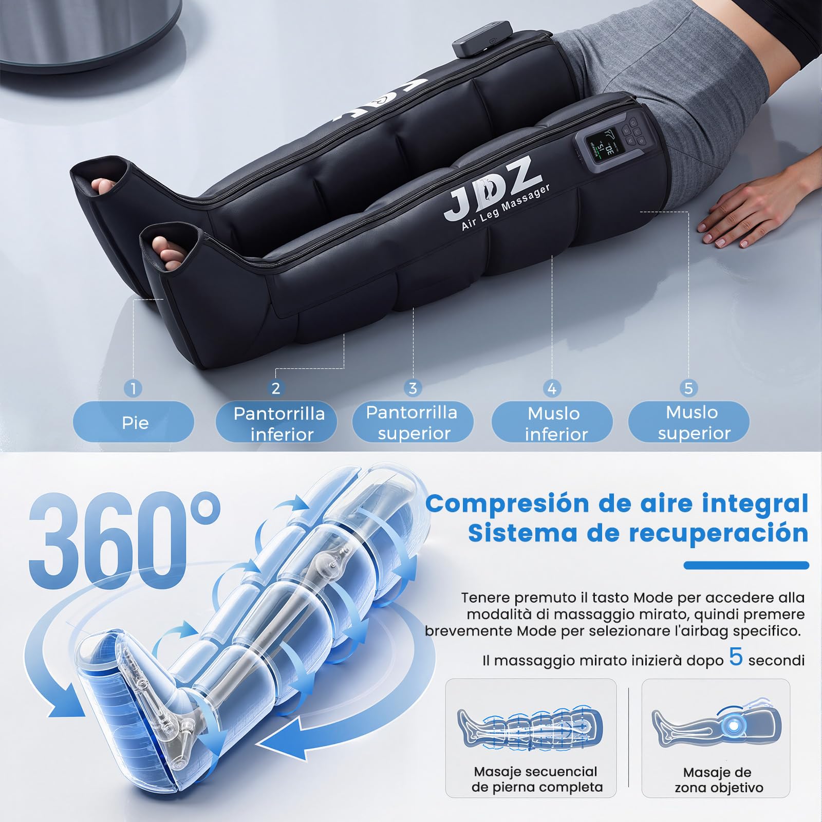 Presoterapia para Casa Relax Inalámbrico con 5 Cámaras de Aire, Botas Presoterapia Piernas Deporte con 3 Temporizadores para Pies Pantorrillas Muslos Confort Piernas Cansadas Relajación Muscular - XL