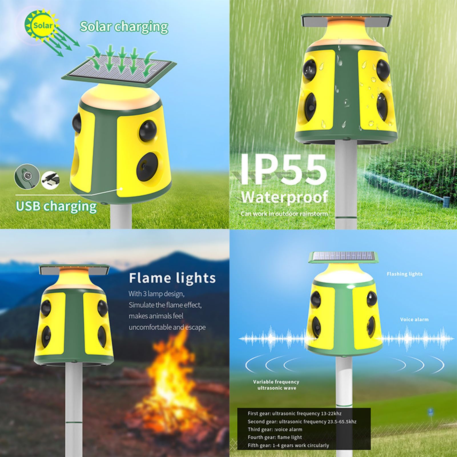 Alarm odstraszający ptaki, ogniwa słoneczne, czujnik obracany o 360°, ultradźwiękowy róg alarmowy, lampa błyskowa LED, ze złączem USB, nadaje się do trawnika, ogrodu i podwórka na świeżym