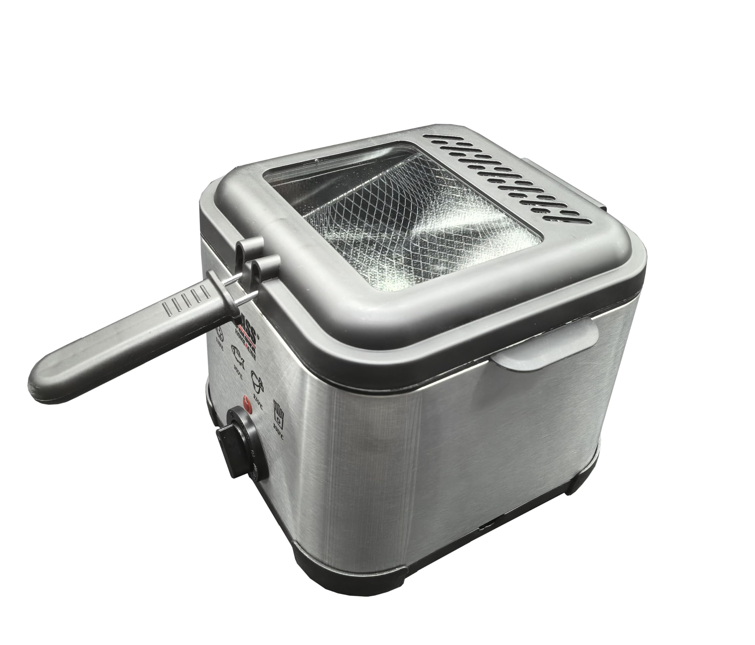 Bass Polska Freidora 3L, acero inoxidable, 2000 W, regulación de temperatura 60-190 °C, con ventana y cesta para freír