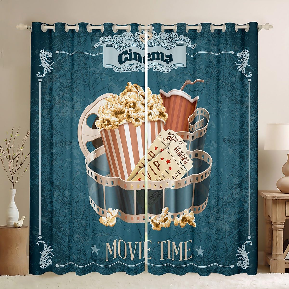 Feelyou Vintage Cinema Ticket Window Curtains for Bedroom Living Room for Kids Girls Movie Theater Theme Curtains Girls Filmstrip Popcorn Window Drapes Treatments Retro Green Blue 38W X 45L,2 Panels