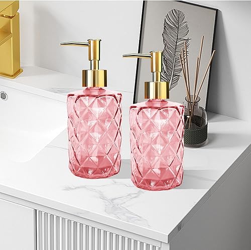 Miniatura 6 de Paquete de 2 dispensadores de jabón de vidrio rosa, 11.2 fl oz11 oz, dispensador de acondicionador de ducha de baño con bomba dorada, botella