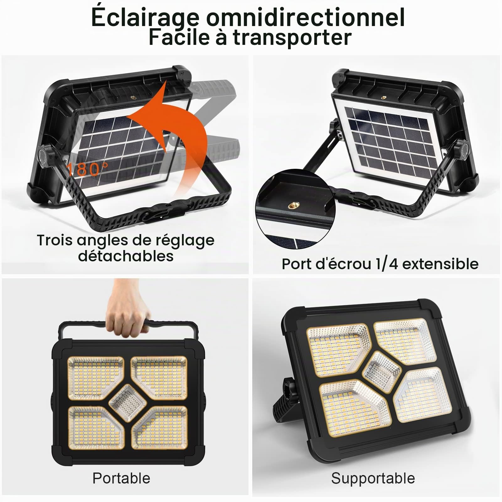 iodoo 200W Projecteur LED Rechargeable Avec Télécommande, Lumière de Travail Lanterne Portable avec Panneau Solaire, 20600mAh USB Lampe Rechargeable, pour Camping, Chantier, Garage
