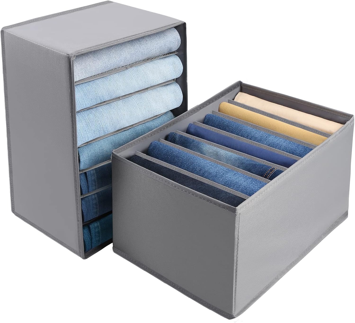 Wardrobe Closet Organizer Jeans Storage - 2pcs Large 7 Grids Foldable Clothes Drawer Organizition Washable Durable Oxford Fabric Divider with Handle for Leggings Sweaters Laundry Cabinet Bedroom Grey