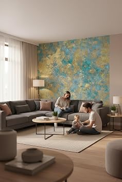 Antik Turkuaz ve Altın Desenli Tekstil Duvar Kağıdı, 200 x 150