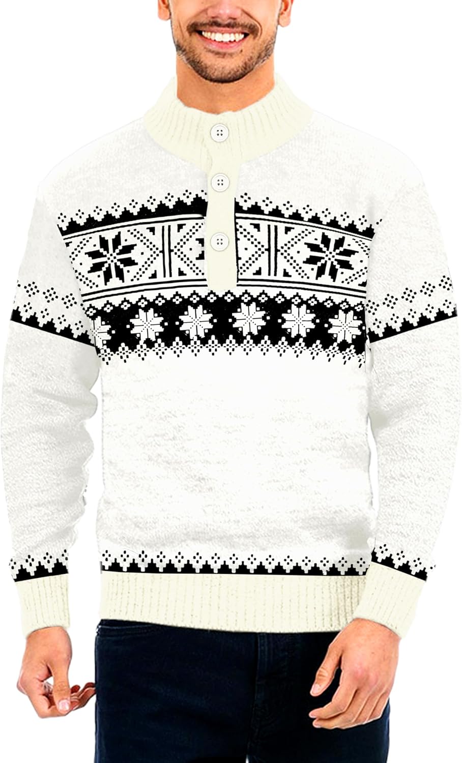 AOBUTE Mens Christmas Sweater Ugly Snowflakes Xmas Button Knitted Pullover
