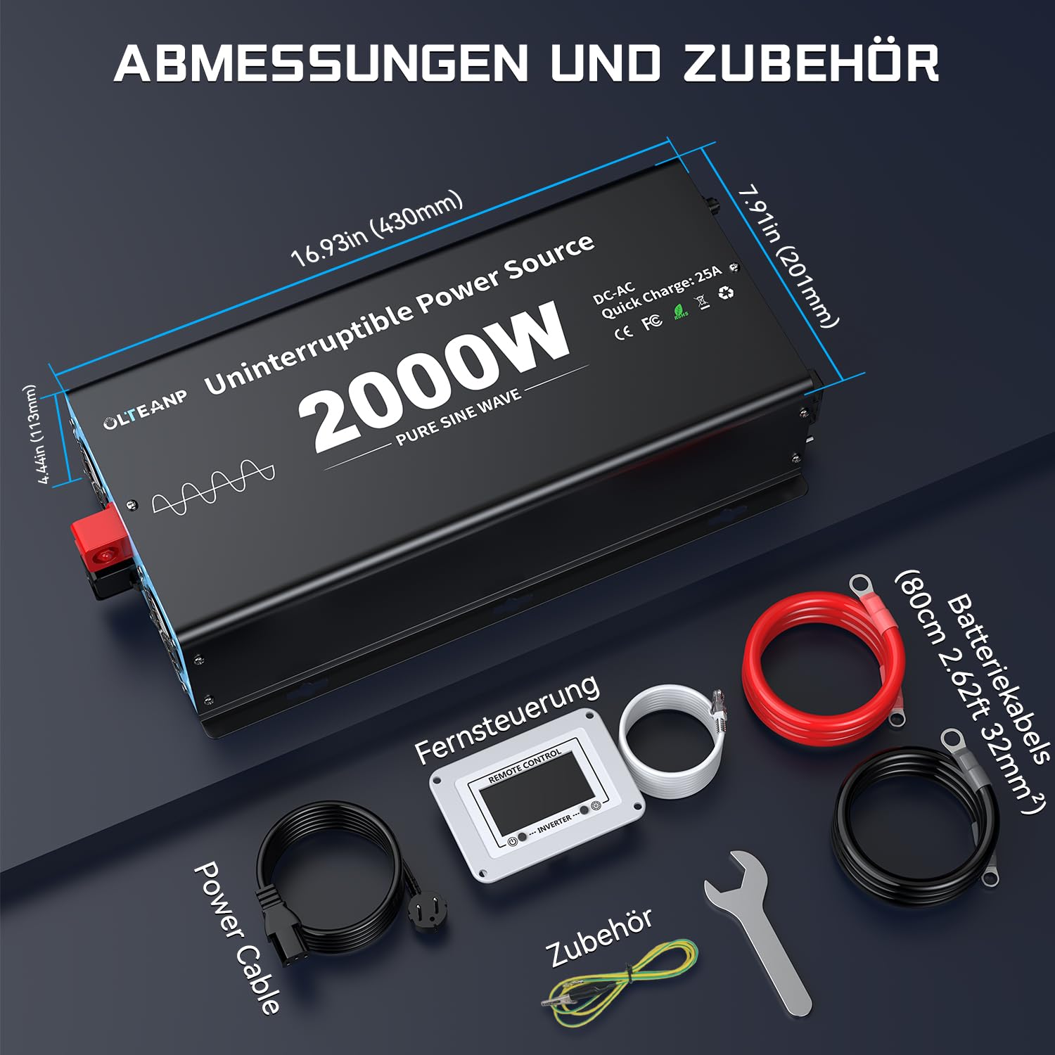 OLTEANP 2000W Wechselrichter12V auf 230V Reiner Sinus,Spannungswandler mit Netzvorrangschaltung und ladefunktion und USV Funktion,Fernbedienung mit LCD-Bildschirm, Automatische Umschaltung für Netz