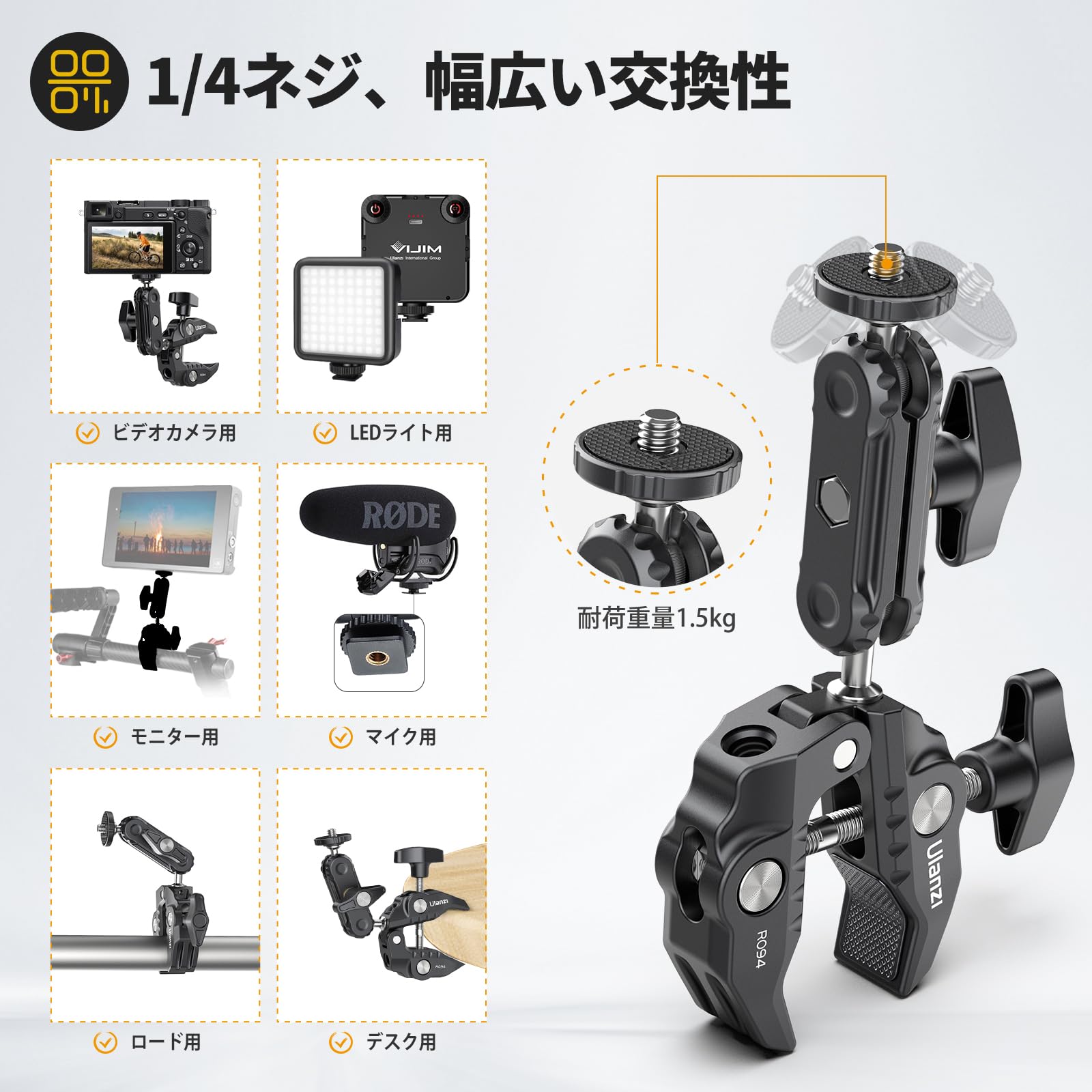 Amazon | Ulanzi R094 スーパークランプ カメラマウント 開口幅60mm