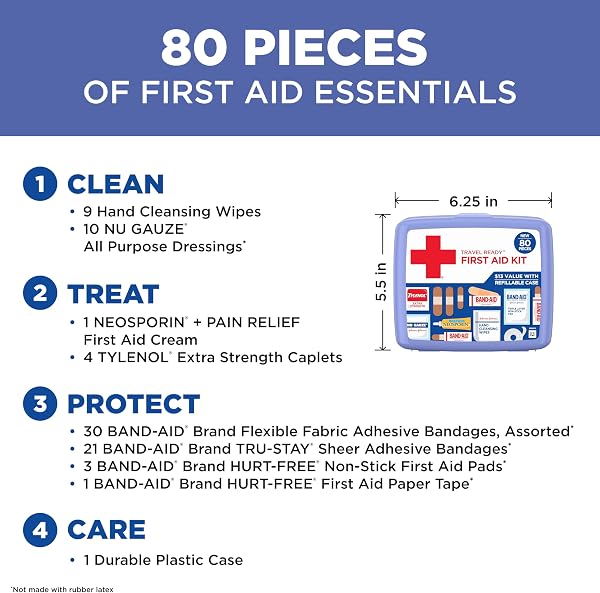 BAND-AID Brand Travel Ready Portable Emergency First Aid Kit for Minor Wound Care, Perfect for Home, Car, Travel, Camping Essentials & Outdoor Emergency Kit, 80 Pieces - 4