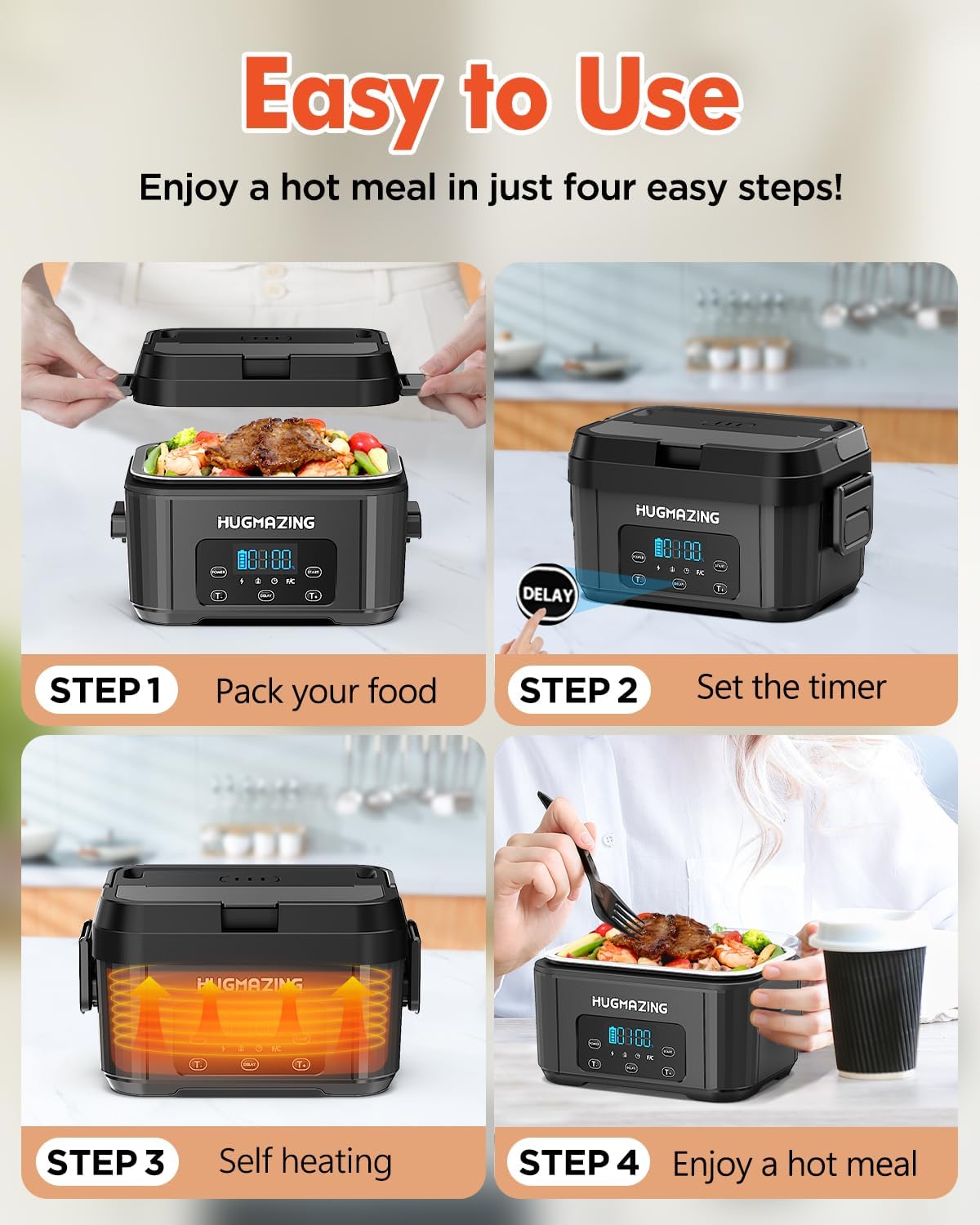 Cordless Electric Lunch Box for Adults, Men & Women – Rechargeable Self-Heating Food Warmer with 1.2L SS Container, Battery-Powered Heated Lunch Box, Perfect for Work and Travel Use (Grey) - Image 4